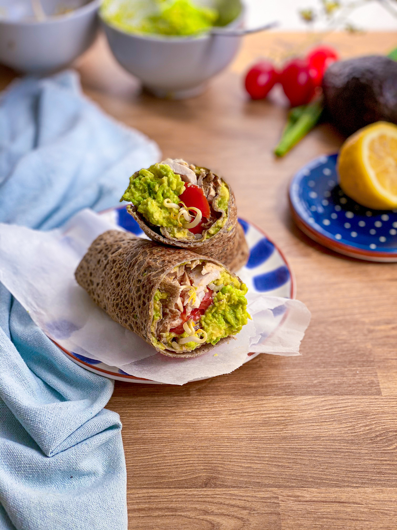 Buckwheat wrap filled with veggies on a plate