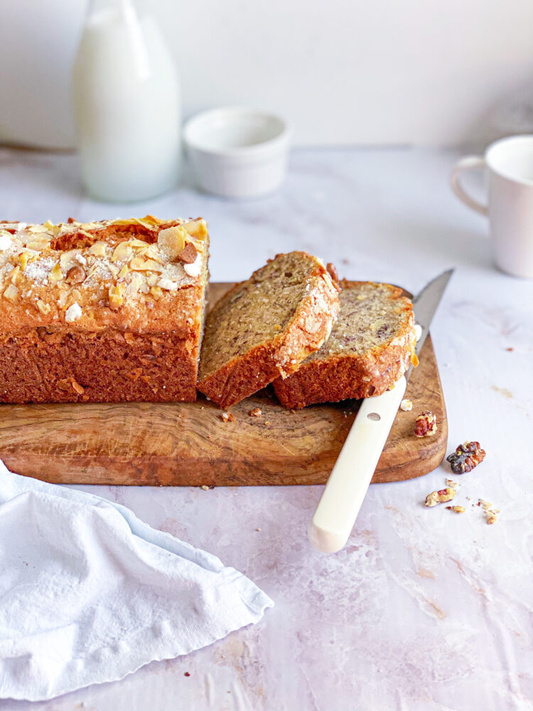 Cinnamon and olive banana bread sliced